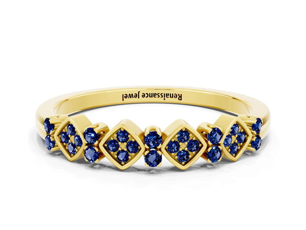 Yellow Gold Round Lab-Grown Blue Sapphire Square Frame Cluster Half Eternity Wedding Band