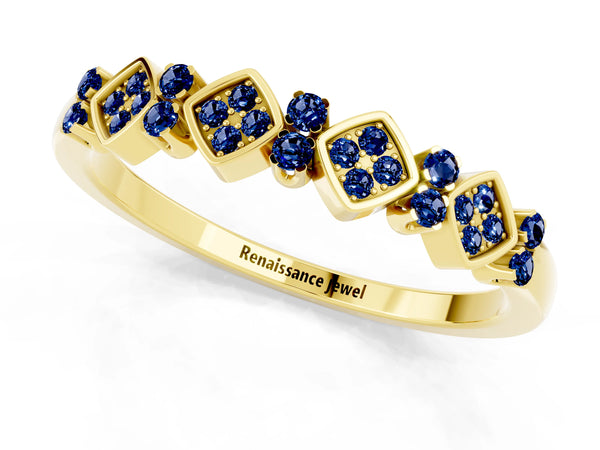 Yellow Gold Round Lab-Grown Blue Sapphire Square Frame Cluster Half Eternity Wedding Band