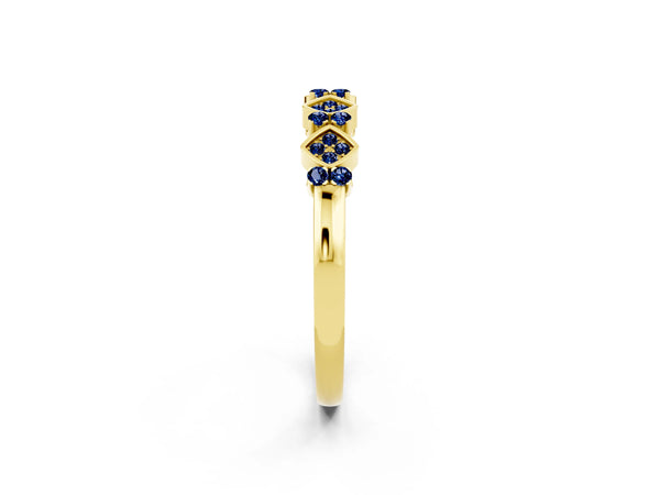 Yellow Gold Round Lab-Grown Blue Sapphire Square Frame Cluster Half Eternity Wedding Band