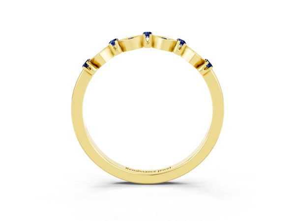 Yellow Gold Round Lab-Grown Blue Sapphire Square Frame Cluster Half Eternity Wedding Band