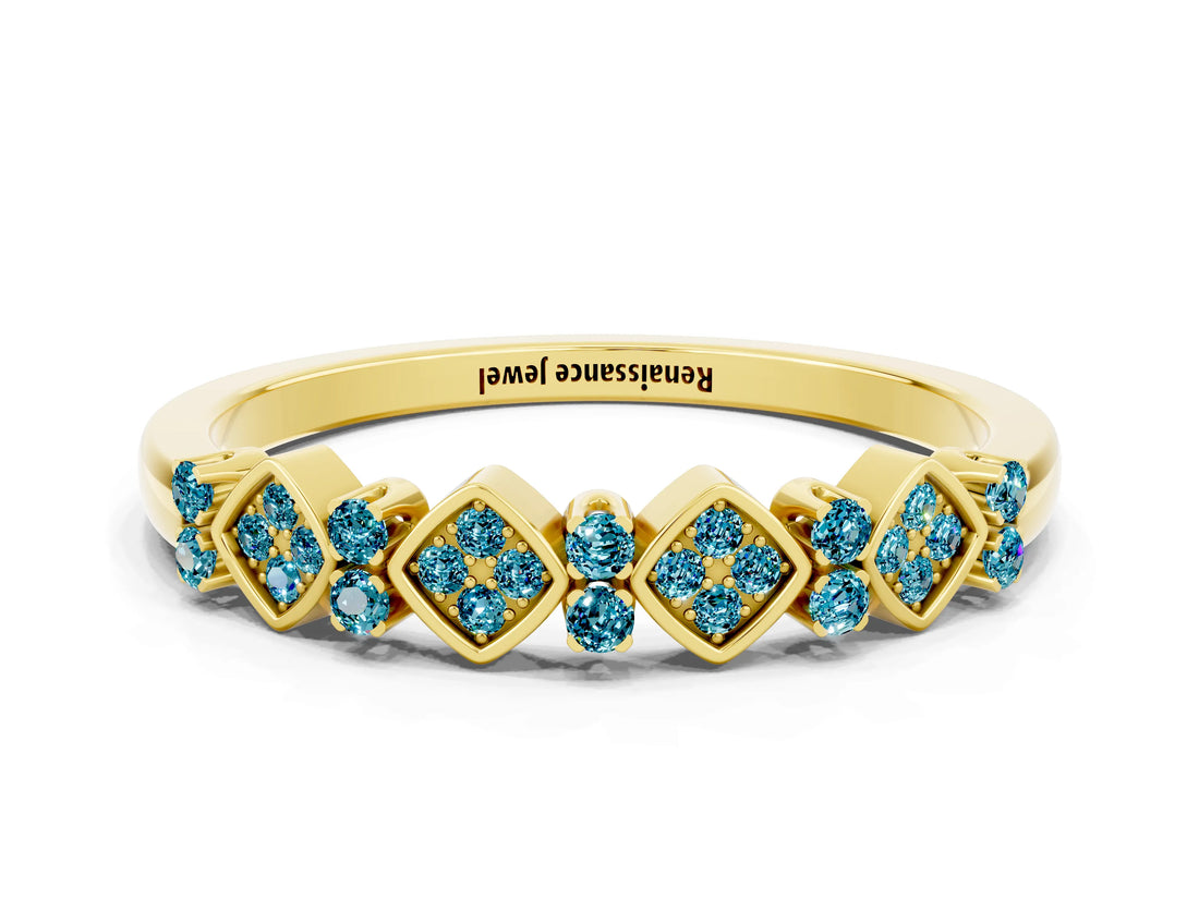 Yellow gold Pavé Cushion Blue Topaz Cluster Eternity Band with Prong Setting_18
