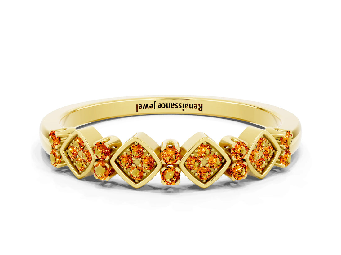 Yellow gold Pavé Cushion Citrine Cluster Eternity Band with Prong Setting_18
