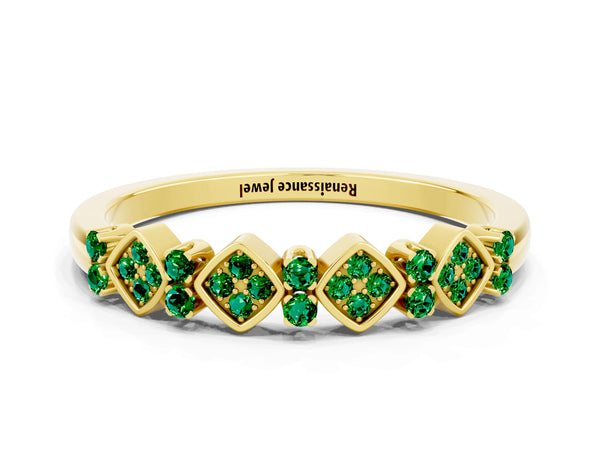 Yellow Gold Round Lab-Grown Emerald Square Frame Cluster Half Eternity Wedding Band
