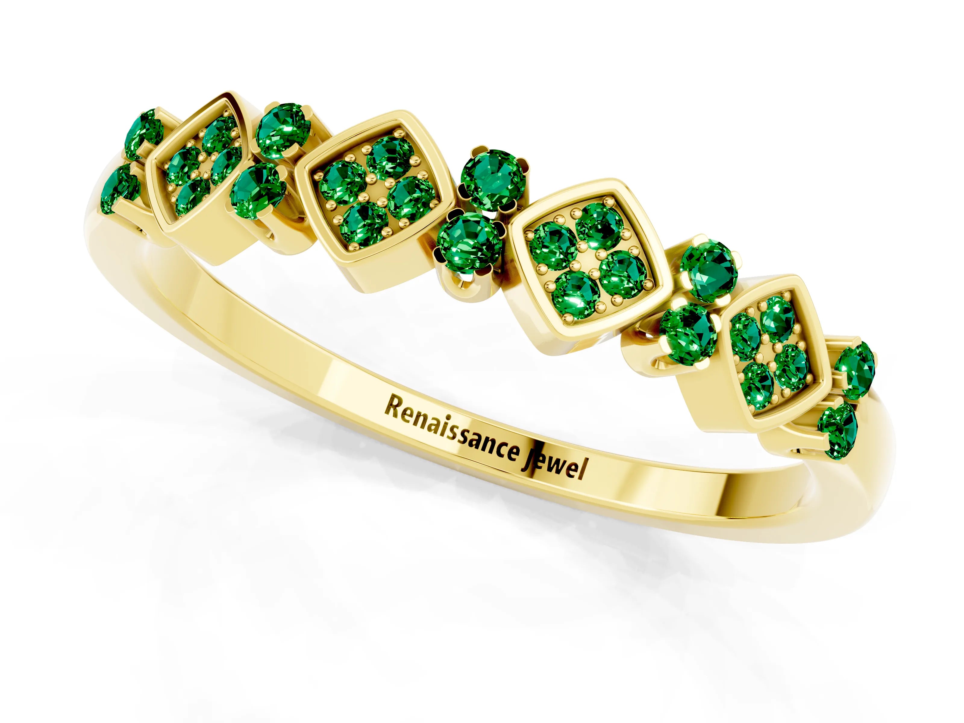 Yellow gold Pavé Cushion Emerald Cluster Eternity Band with Prong Setting_19