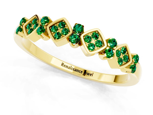 Yellow Gold Round Lab-Grown Emerald Square Frame Cluster Half Eternity Wedding Band
