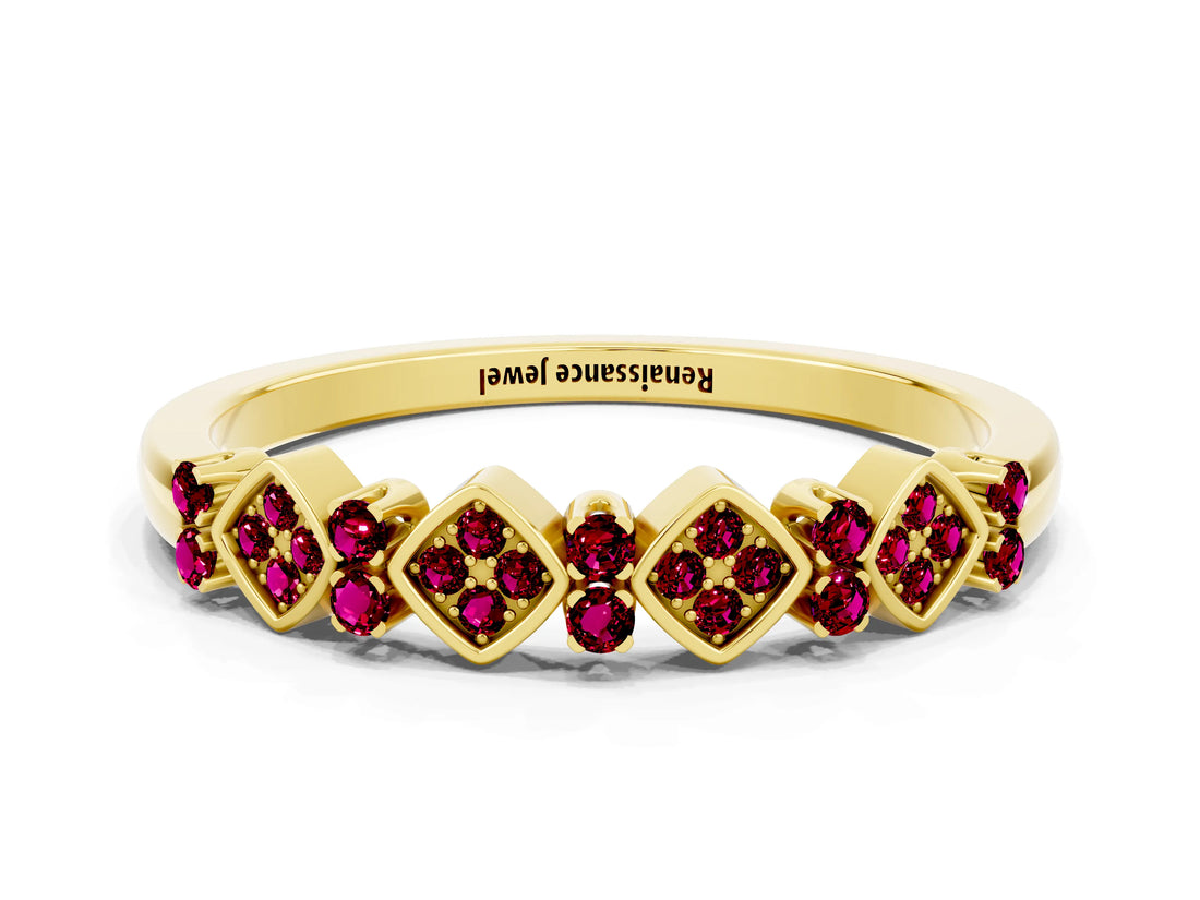 Yellow gold Pavé Cushion Garnet Cluster Eternity Band with Prong Setting_18
