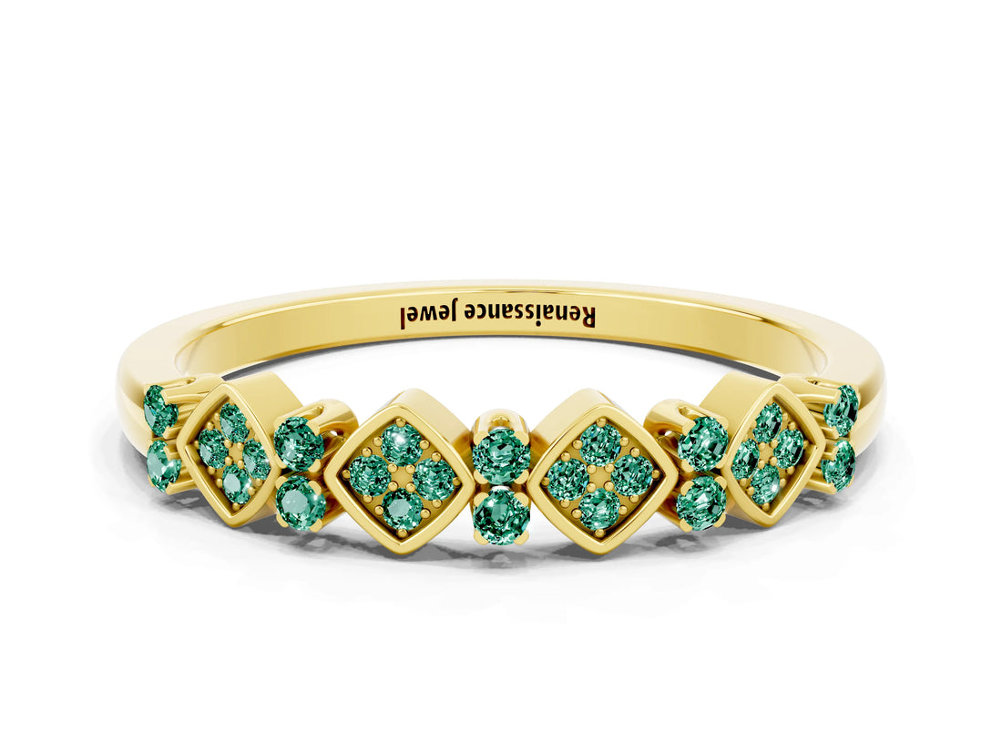 Yellow gold Pavé Cushion Green Sapphire Cluster Eternity Band with Prong Setting_18