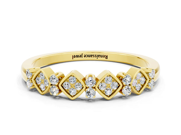 Yellow Gold Round Moissanite Square Frame Cluster Half Eternity Wedding Band