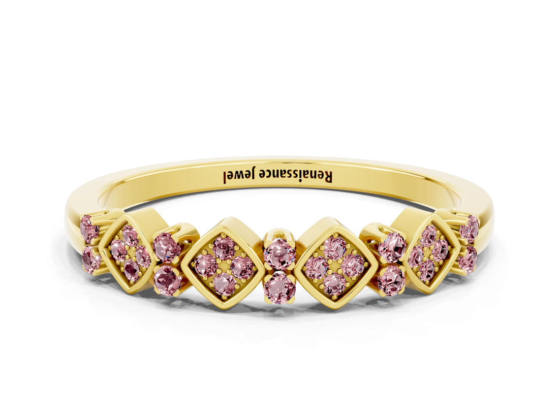 Yellow gold Pavé Cushion Morganite Cluster Eternity Band with Prong Setting_18