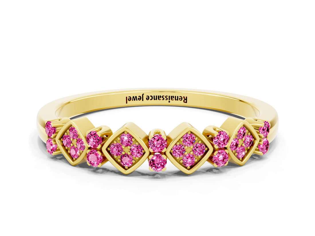 Yellow gold Pavé Cushion Pink Sapphire Cluster Eternity Band with Prong Setting_18