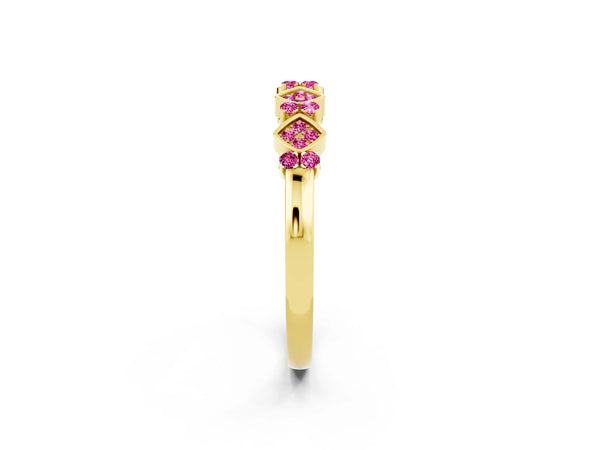 Yellow Gold Round Lab-Grown Pink Sapphire Square Frame Cluster Half Eternity Wedding Band