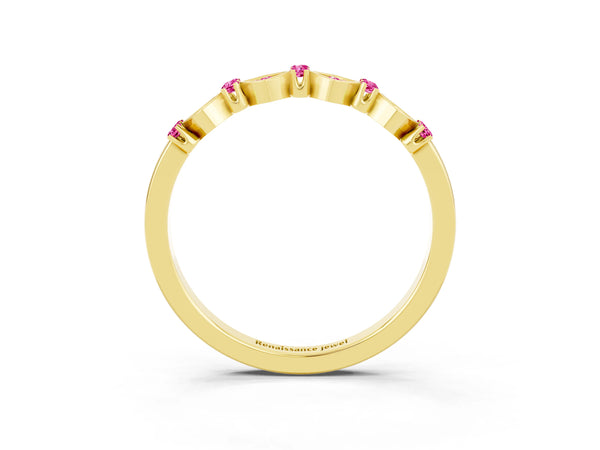 Yellow Gold Round Lab-Grown Pink Sapphire Square Frame Cluster Half Eternity Wedding Band