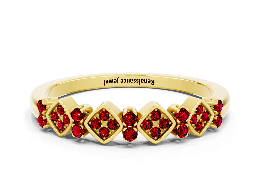 Yellow gold Pavé Cushion Ruby Cluster Eternity Band with Prong Setting_18