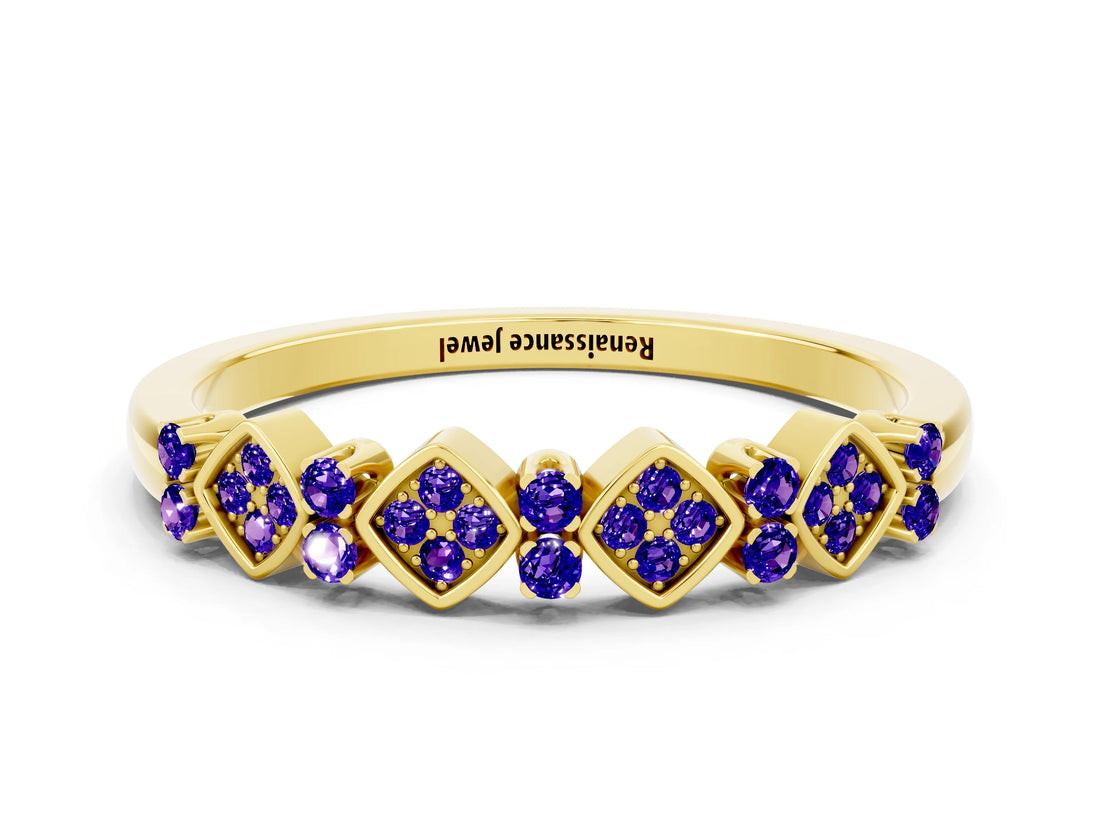 Yellow gold Pavé Cushion Tanzanite Cluster Eternity Band with Prong Setting_18