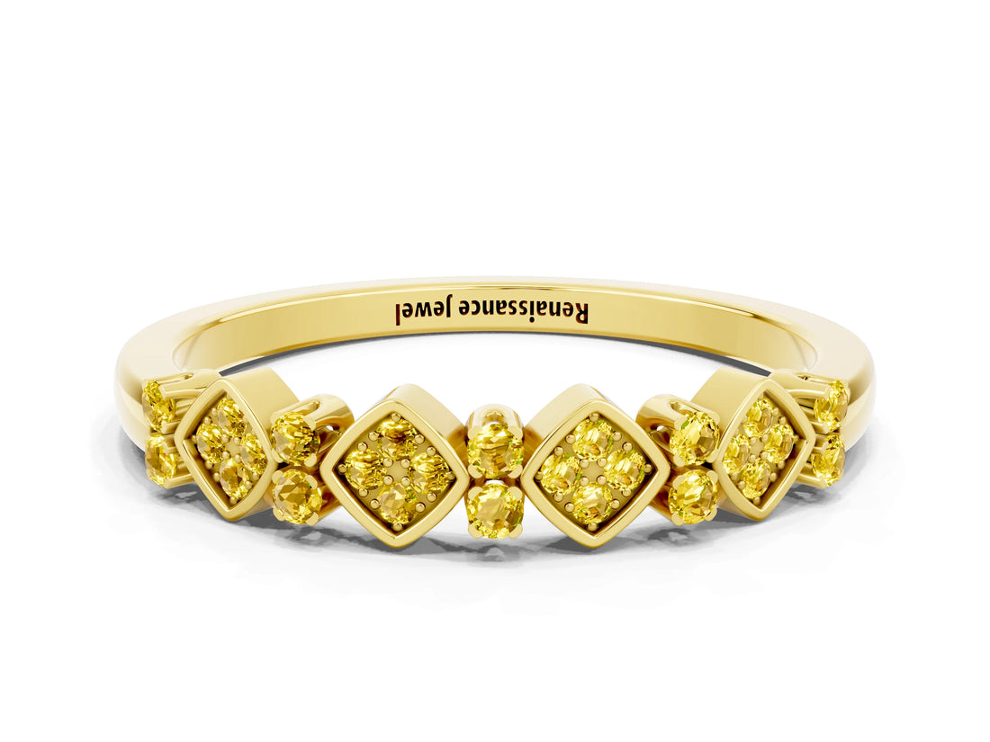 Yellow gold Pavé Cushion Yellow Sapphire Cluster Eternity Band with Prong Setting_18