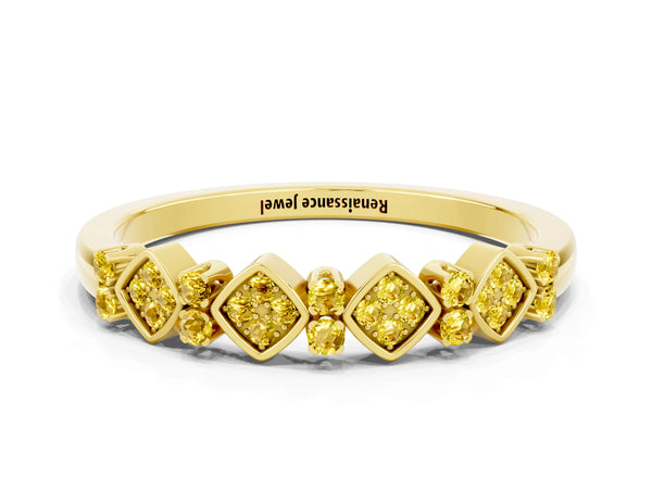 Yellow gold Pavé Cushion Yellow Sapphire Cluster Eternity Band with Prong Setting