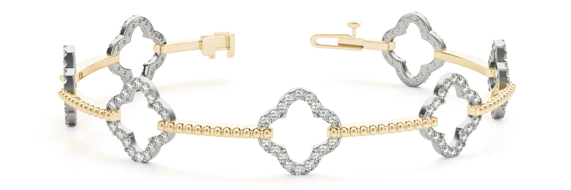 Yellow gold Pavé Diamond Clover Link Bracelet with Beaded Band and Four-Prong Setting