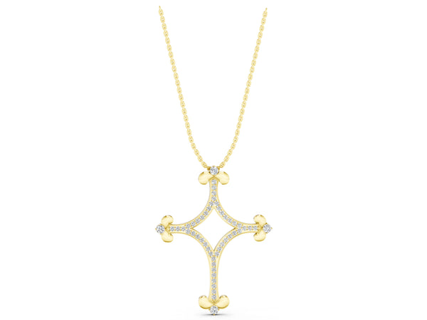 Yellow gold Pavé Diamond Cushion Cross Pendant with Fleur-de-Lis Prongs