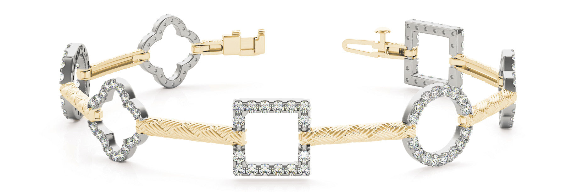 Yellow gold Pavé Diamond Geometric Link Bracelet with Twisted Rope Band and Four-Prong Setting