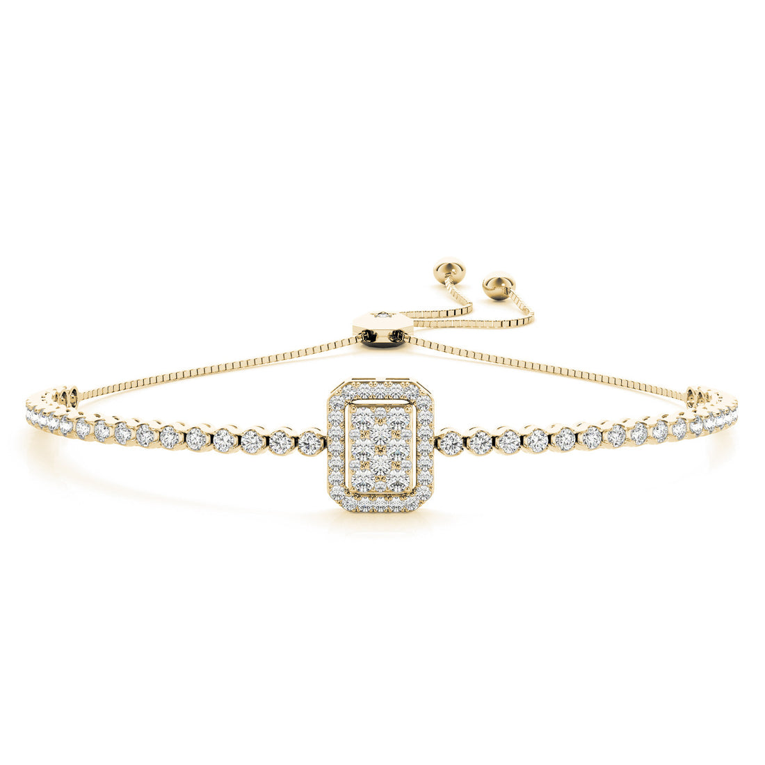 Yellow gold Pavé Diamond Square Halo Adjustable Tennis Bracelet