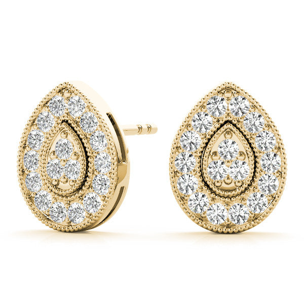 Yellow gold Pavé Pear-Shaped Halo Stud Earrings with Milgrain Detailing 2