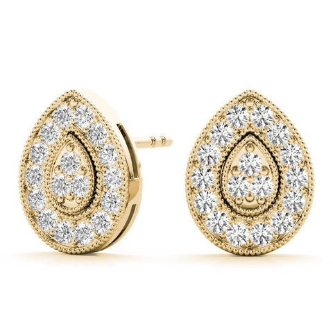 Yellow gold Pavé Pear-Shaped Halo Stud Earrings with Milgrain Detailing 2
