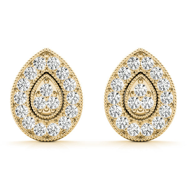 Yellow gold Pavé Pear-Shaped Halo Stud Earrings with Milgrain Detailing