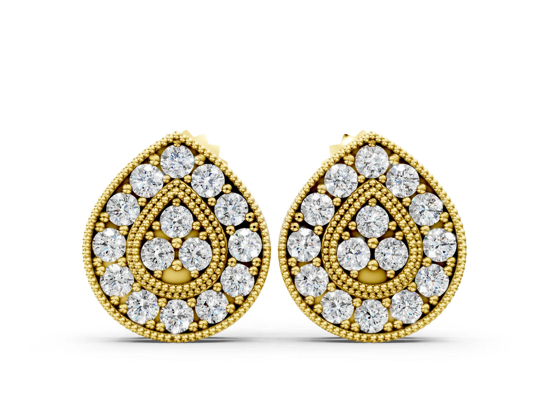 Yellow gold Pavé Pear-Shaped Halo Stud Earrings with Milgrain Detailing_9