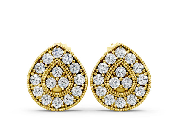 Yellow gold Pavé Pear-Shaped Halo Stud Earrings with Milgrain Detailing