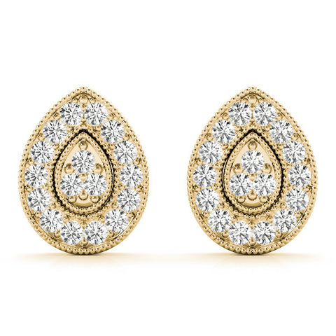 Yellow gold Pavé Pear-Shaped Halo Stud Earrings with Milgrain Detailing