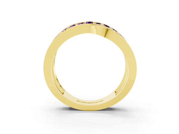 Yellow gold Pavé Round Amethyst Crossover Band with Bead Prong Setting