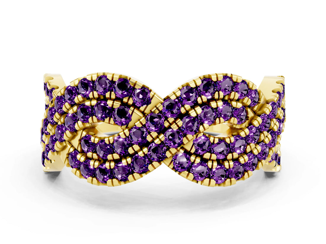 Yellow gold Pavé Round Amethyst Infinity Twist Band with Shared Prong Setting_6
