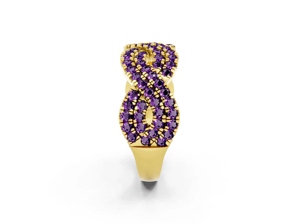 Yellow Gold Round Amethyst Pave Infinity Twist Wedding Band with Shared Prongs