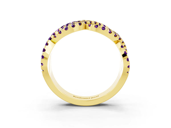 Yellow Gold Round Amethyst Pave Infinity Twist Wedding Band with Shared Prongs