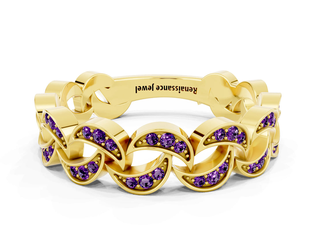Yellow gold Pavé Round Amethyst Interlocking Eternity Band with Bezel Prong Setting_6
