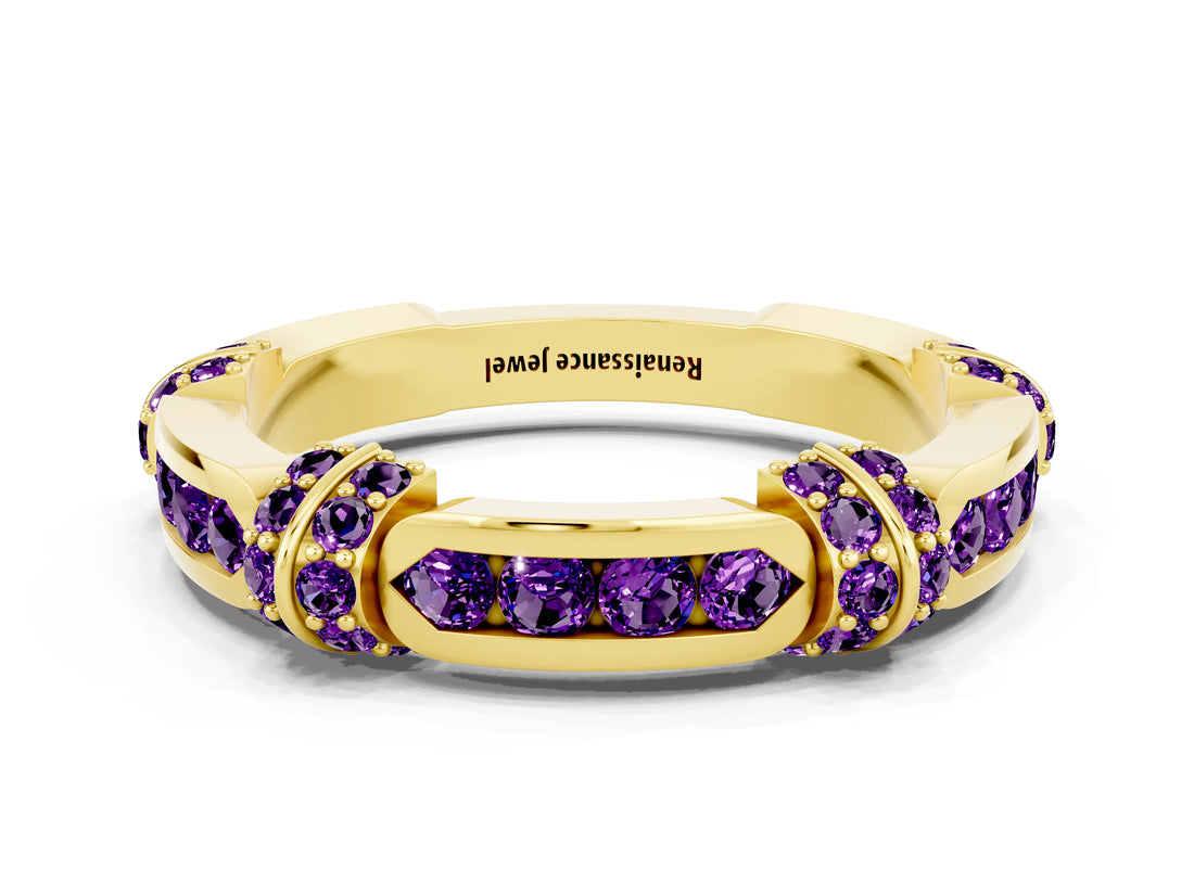Yellow gold Pavé Round Amethyst Link Band with Bezel Setting_30