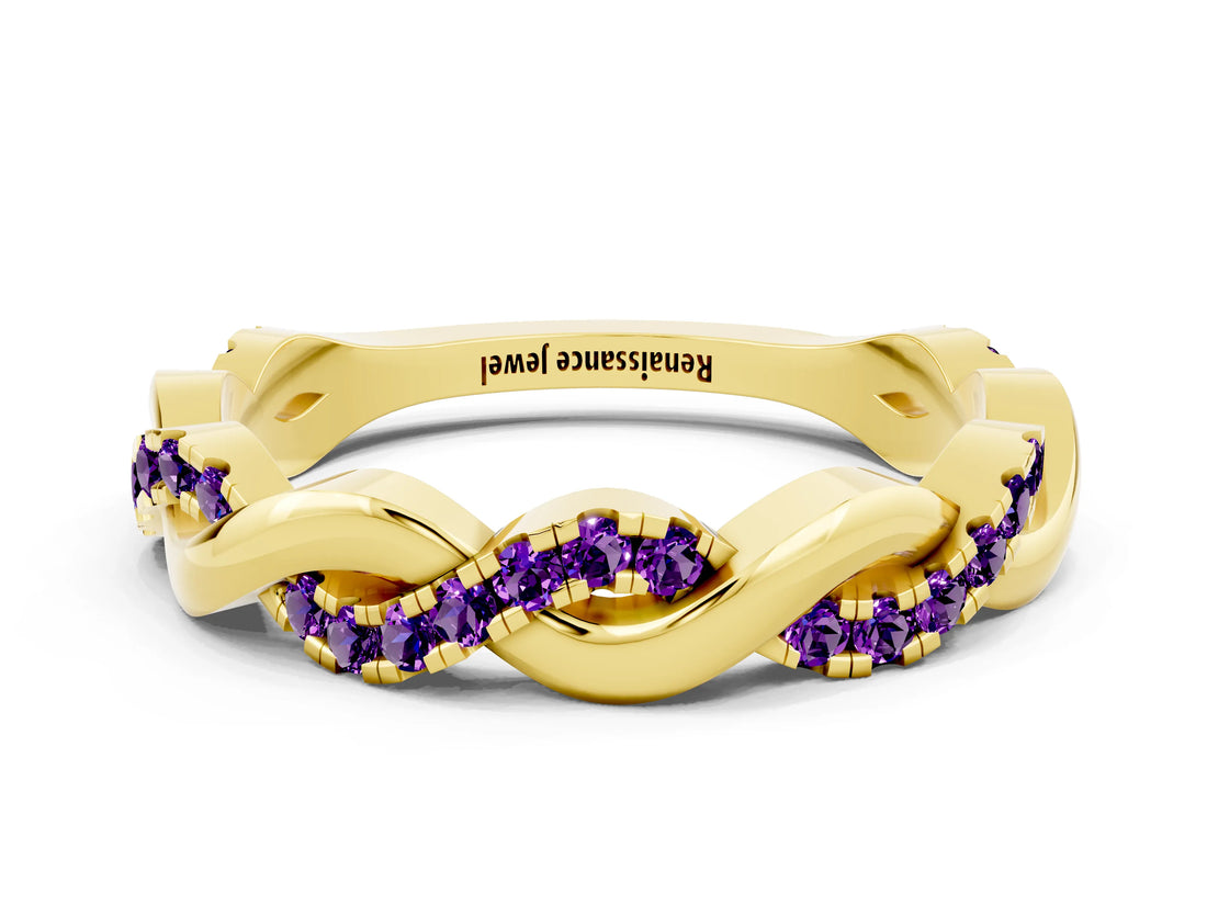 Yellow gold Pavé Round Amethyst Twist Eternity Band with Shared Prong Setting_18