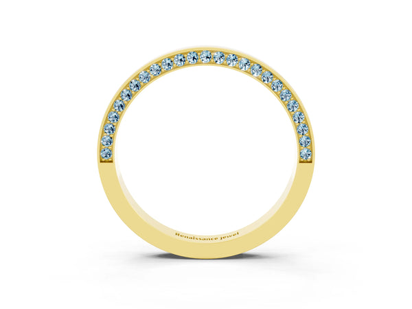 Yellow Gold Round Aquamarine Side Pave Half Eternity Band with Plain Top
