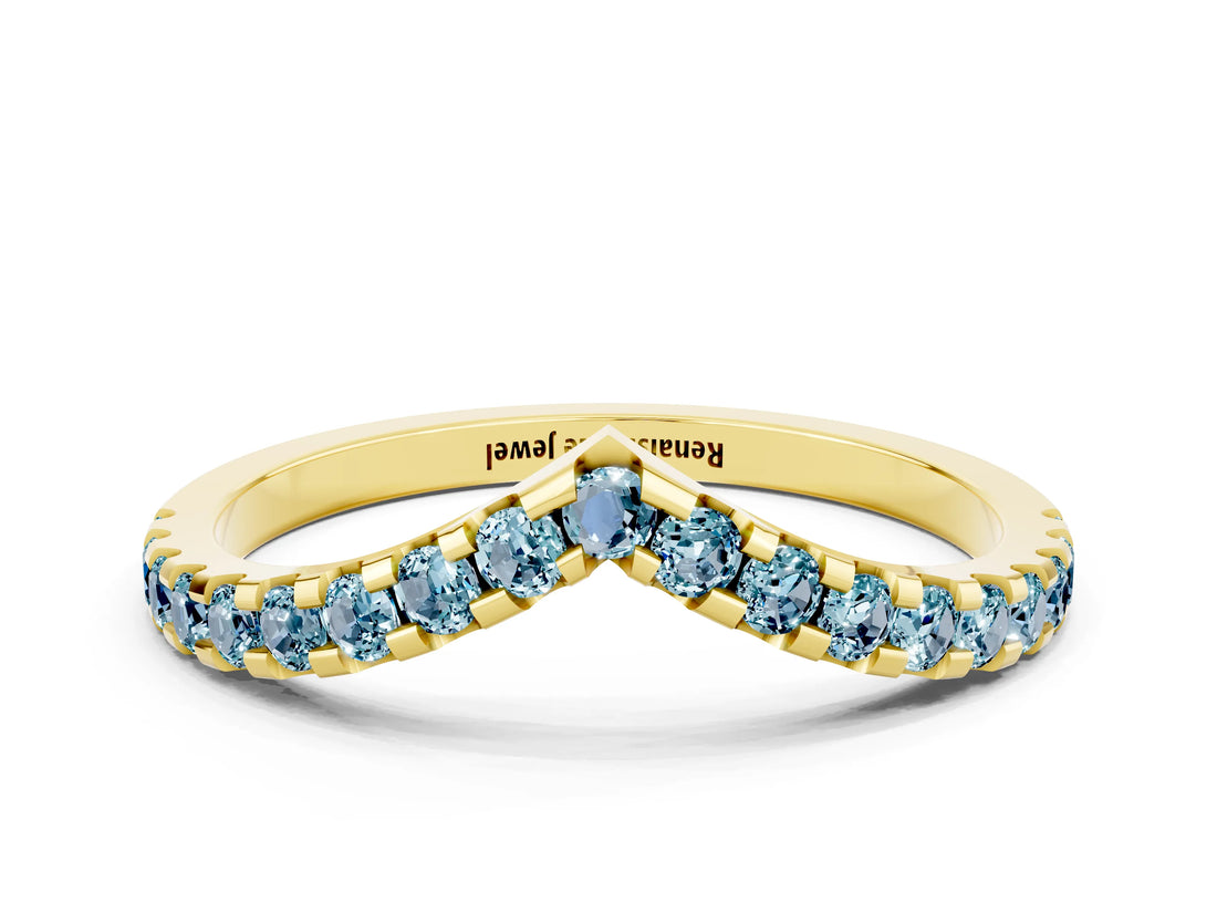 Yellow gold Pavé Round Aquamarine Chevron Band with Shared Prong Setting_6