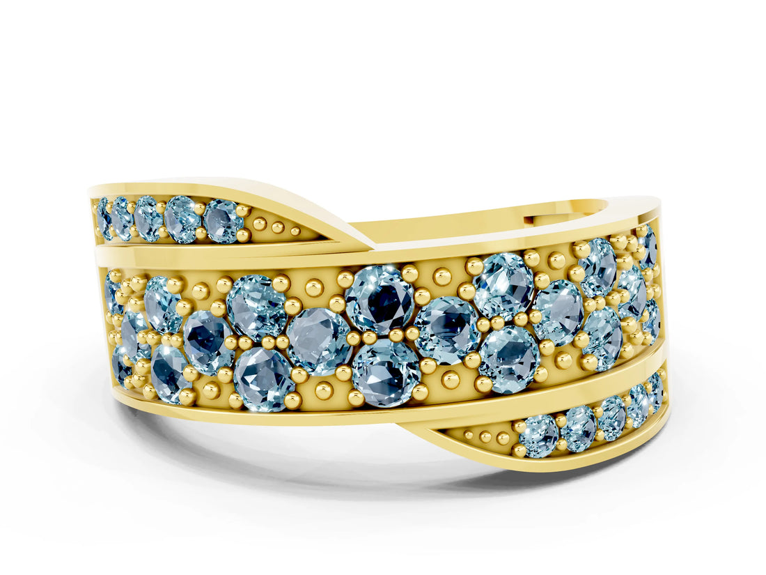 Yellow gold Pavé Round Aquamarine Crossover Band with Bead Prong Setting_6