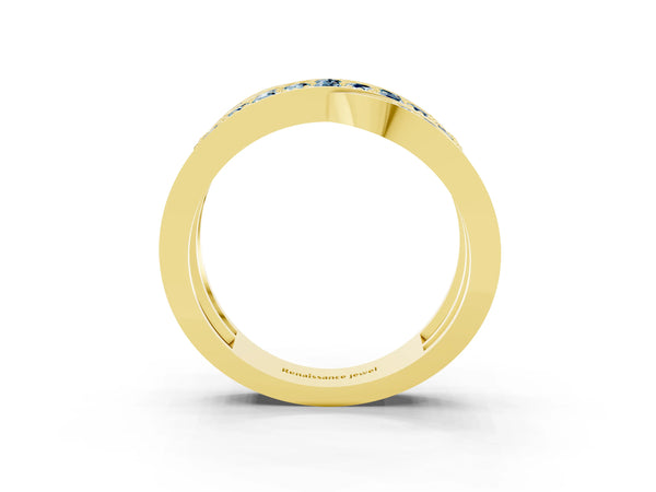 Yellow gold Pavé Round Aquamarine Crossover Band with Bead Prong Setting