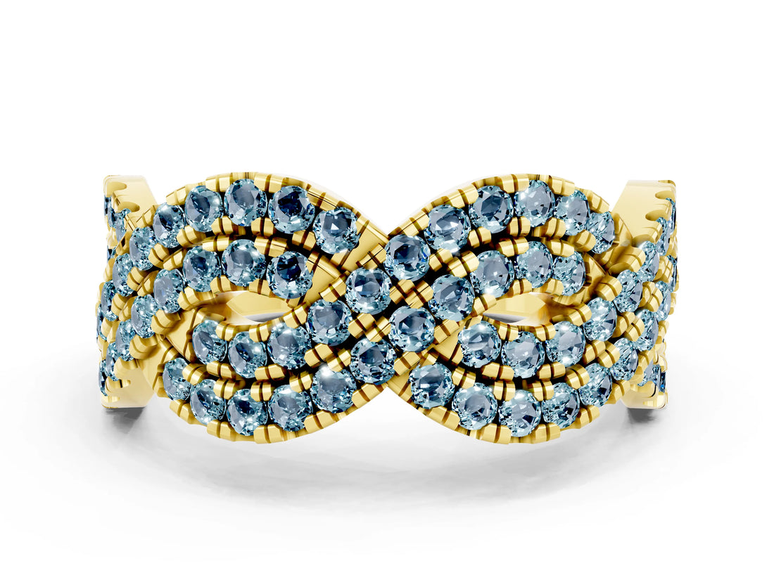 Yellow gold Pavé Round Aquamarine Infinity Twist Band with Shared Prong Setting_6