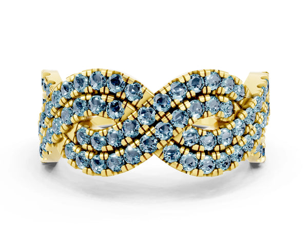 Yellow Gold Round Aquamarine Pave Infinity Twist Wedding Band with Shared Prongs