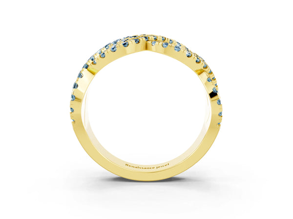 Yellow Gold Round Aquamarine Pave Infinity Twist Wedding Band with Shared Prongs