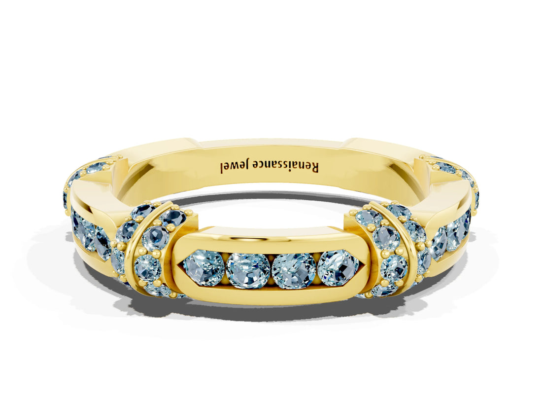 Yellow gold Pavé Round Aquamarine Link Band with Bezel Setting_30