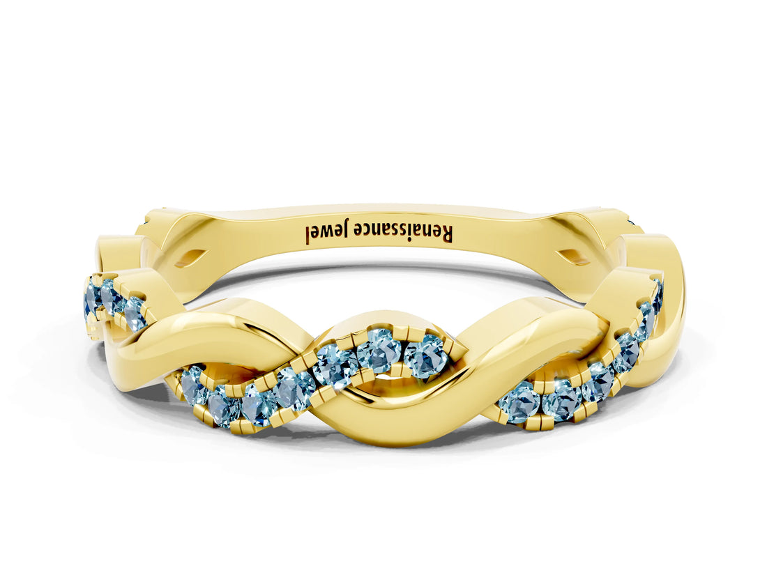 Yellow gold Pavé Round Aquamarine Twist Eternity Band with Shared Prong Setting_30