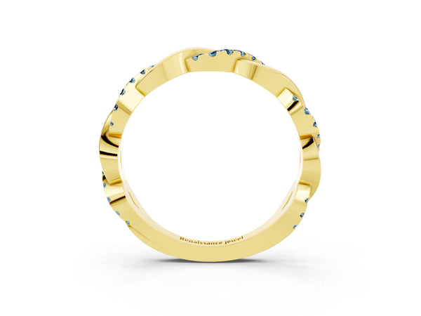 Yellow gold Pavé Round Aquamarine Twist Eternity Band with Shared Prong Setting