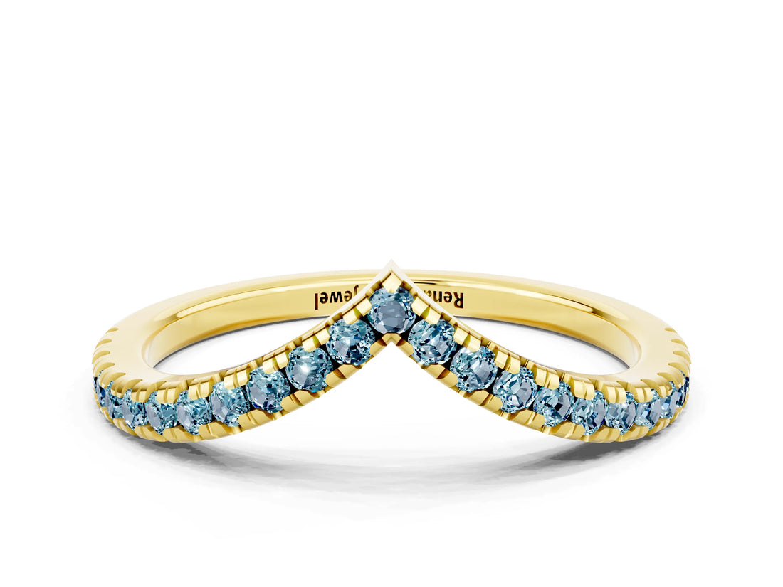 Yellow gold Pavé Round Aquamarine V-Shaped Chevron Band with Shared Prong Setting_12
