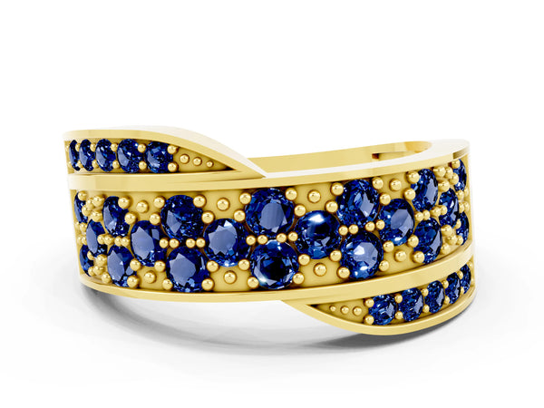Yellow gold Pavé Round Blue Sapphire Crossover Band with Bead Prong Setting