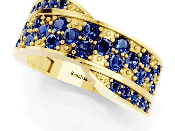Yellow gold Pavé Round Blue Sapphire Crossover Band with Bead Prong Setting